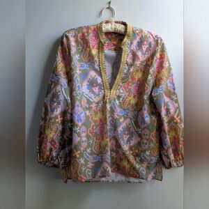 Zara Boho Manadarin Collar Split Neck  Floral Print  Top Size L